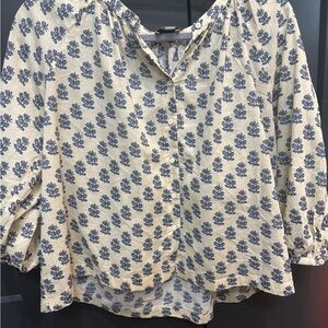 Tahari Cream Button-Front Blouse with Blue Floral Motif